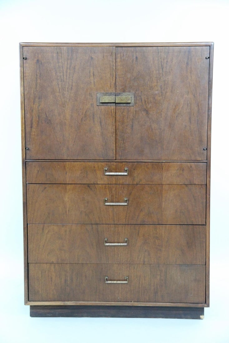 Jack Cartwright for Founders Gentleman's Dresser: Mid-Century Modern Jack Cartwright for Founders Walnut Highboy Gentleman's Chest Dresser. Tall chest of drawers with storage cabinet on the top with attractive brass pulls and walnut veneer. By Jack C