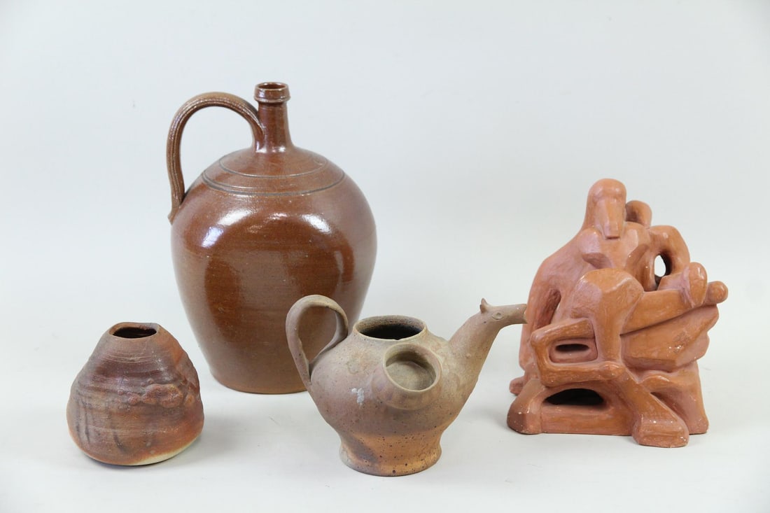Group of 4 Brown Pottery Vessels & Figural Sculpture (1 of 19)