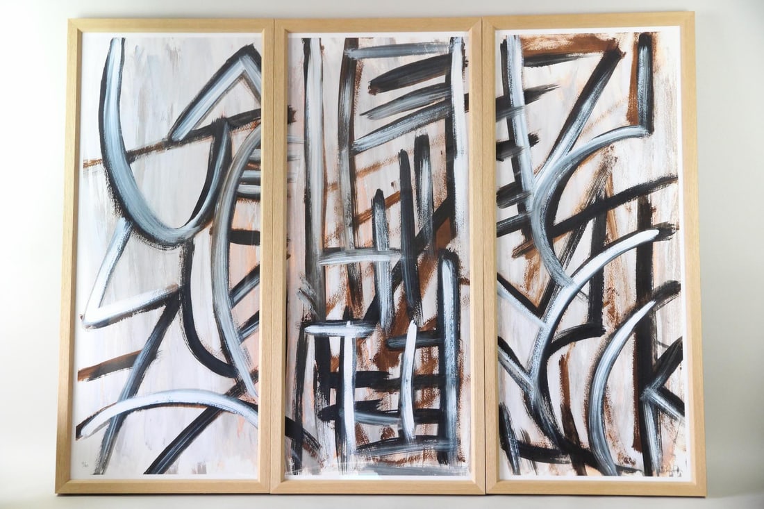 Large Abstract Triptych Print by Jan Erika, "Earthbeat": Large Abstract Triptych Print by Jan Erika, "Earthbeat". A triptych giclee print by British artist Jan Erika, in a neutral palette featuring calligraphic brushwork in black, white, gray, & brown. Sign