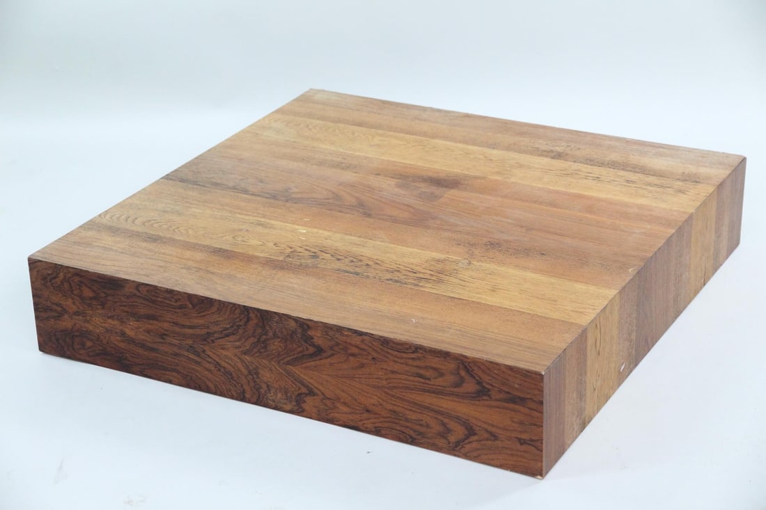 Drylund Floating Platform Coffee Table, Wooden Plinth: Danish Modern Drylund Floating Platform Coffee Table, Plinth. A large coffee table or plinth with a floating design, made of warm-toned wood veneer. Labeled Drylund, Denmark to the underside. Dimensio