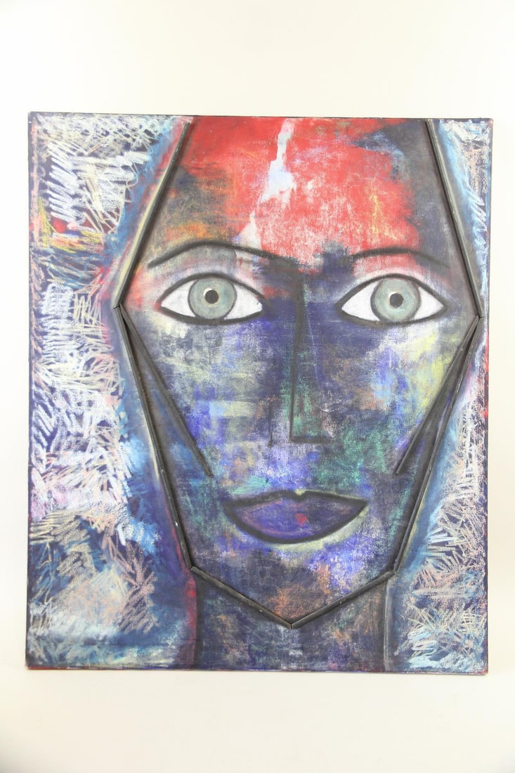 Expressionist Mixed Media Painting of a Face: Expressionist Mixed Media Painting of a Face. Unusual painting on stretched canvas of a stylized closeup of a face, with the face outlined in strips of wood. indistinctly signed on the back. Dimension