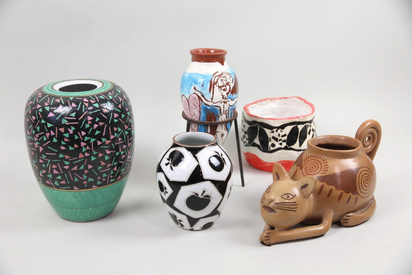 Lot of 5 Postmodern Pottery Vases & Cat Vessel (1 of 18)