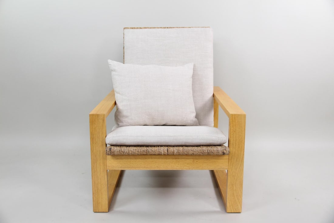 MC Home Wood & Rattan "Palmilla" Chair with Cushions: Black MC Home Wood Rattan "Palmilla" Chair. Contemporary chair with simple blonde primavera wood frame and woven braided abaca seats and back. These are custom designed chairs by MC Home. These chairs
