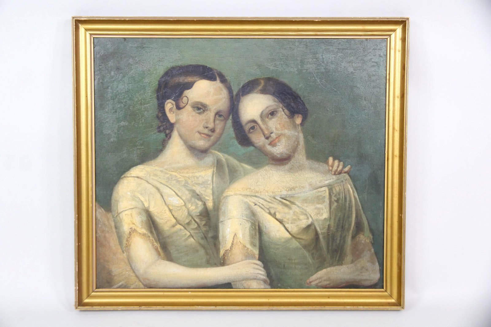 Large Victorian Oil Portrait Painting, Two Girls in White Dresses (1 of 14)