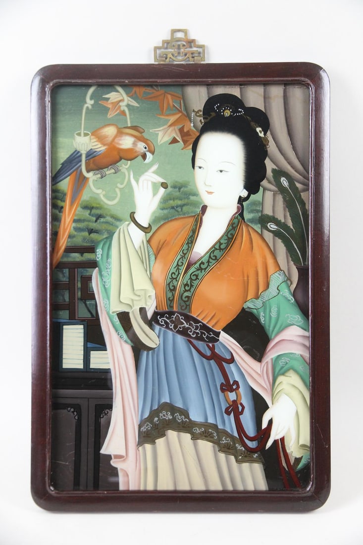 Chinese Reverse Glass Painting, Woman Feeding Parrot (1 of 12)