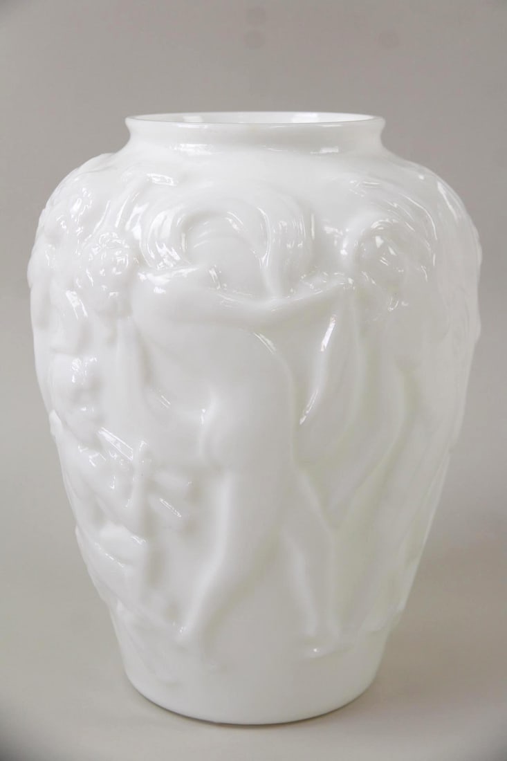 Art Deco Milk Glass Vase with Dancing Nymphs & Pan (1 of 8)