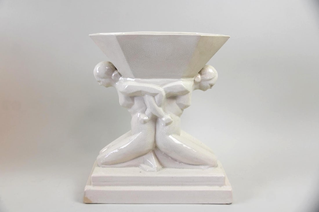 Art Deco Charles Lemanceau Figural Sculptural Planter: Art Deco Charles Lemanceau Figural Sculptural Planter. White sculptural planter with crackle glaze depicting 2 women holding a vessel on their backs. Signed Clement, a pseudonym used by the French