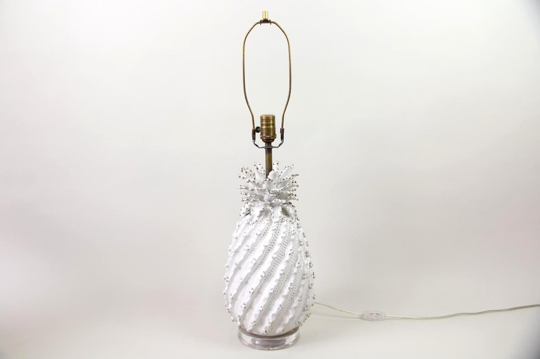 Pineapple Table Lamp, Ceramic: Mid-century Modern Pineapple Table Lamp, Ceramic. A table lamp in the form of a pineapple, made of ceramic with a textural surface and glossy white glaze. Dimensions are 30 in h x 8 in w x 8 in d.