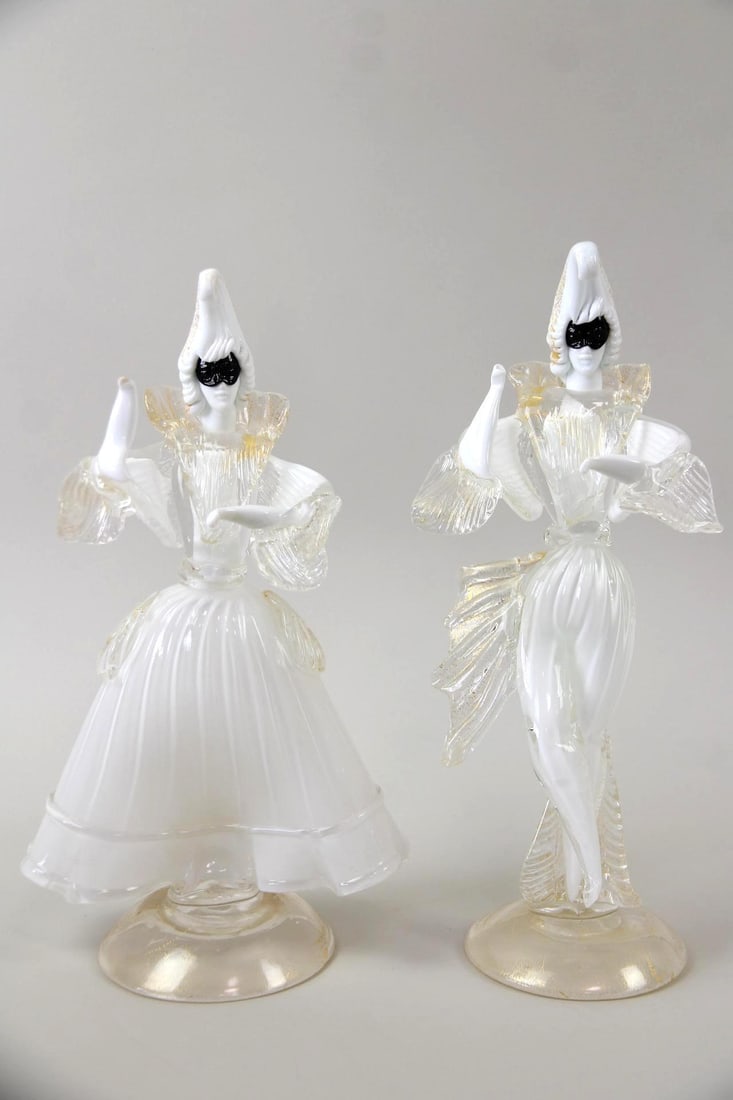 Pair of Murano Venetian Dancing Carnival Glass Figures: Pair of Mid-Century Modern Murano Venetian Dancing Carnival Glass Figures. Depicting a dancing couple with white latticino (opaque white glass rods) and gold aventurine inclusions. Dimensions are 13