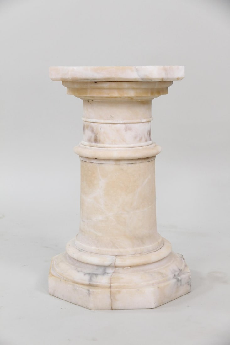 Short and Minimal 19th Century Alabaster Pedestal: Short and Minimal 19th Century Alabaster Pedestal. Nice simple, not heavily ornate pedestal. Great off white color to the Alabaster. Disassembles into sections as shown. Dimensions are 19.25 in h x