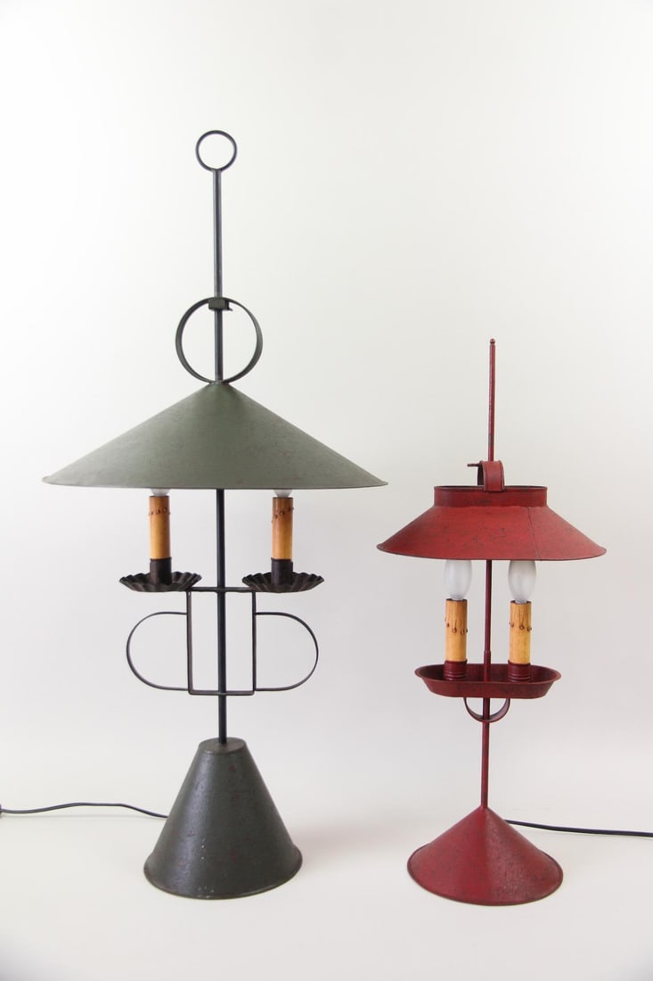 Pair of Double Candle Painted Tin Student Lamps: Pair of Double Candle Painted Tin Lamps, Manner of Jerry Martin. Two tin lamps with double faux candle sockets, one painted green and the other red. Dimensions are 33 in h x 15.25 in w x 15.25 in d