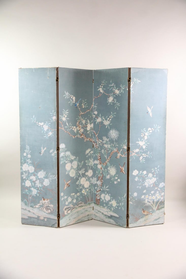 Chinoiserie Screen Painted with Birds & Flowers: Chinoiserie Room Divider Screen Painted with Birds & Flowers, Manner of Robert Crowder. Four panel screen covered in paper and painted with a scene of birds and flowers on a blue background.
