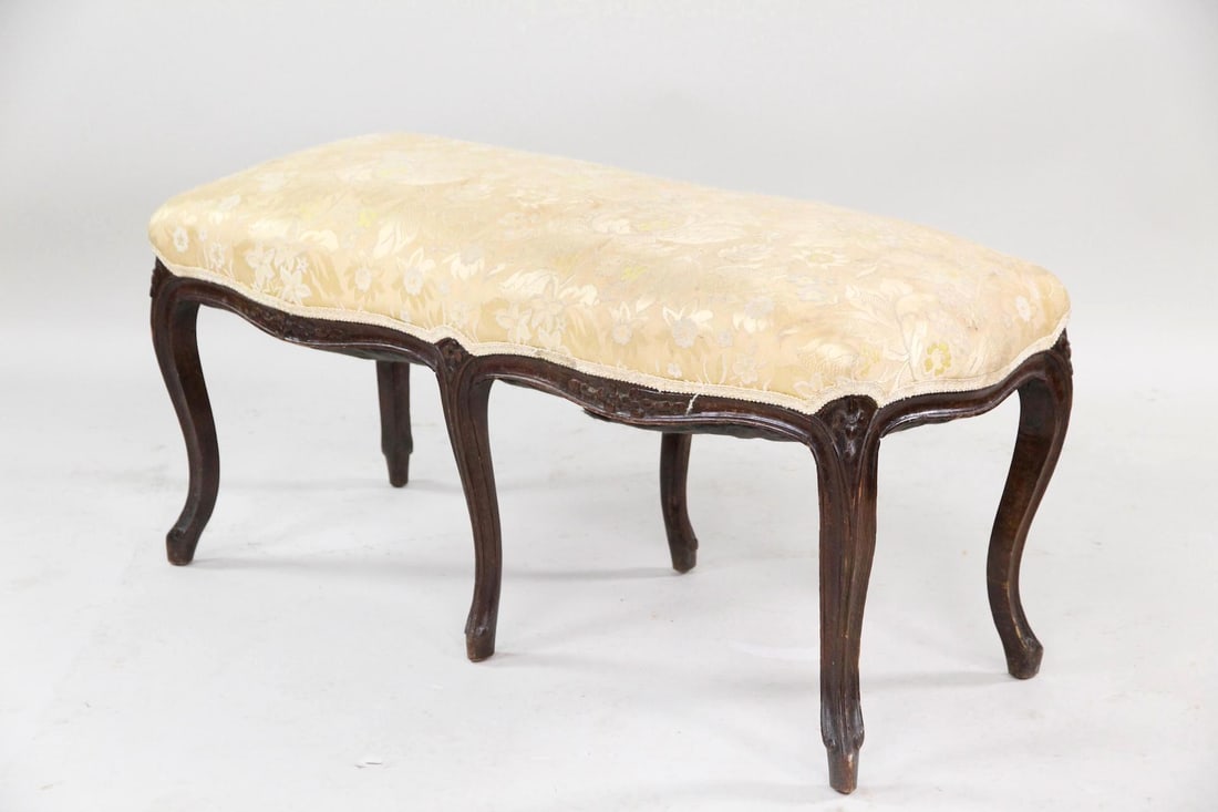 Louis XV Style Wooden Bench, Yellow Brocade Upholstery (1 of 13)