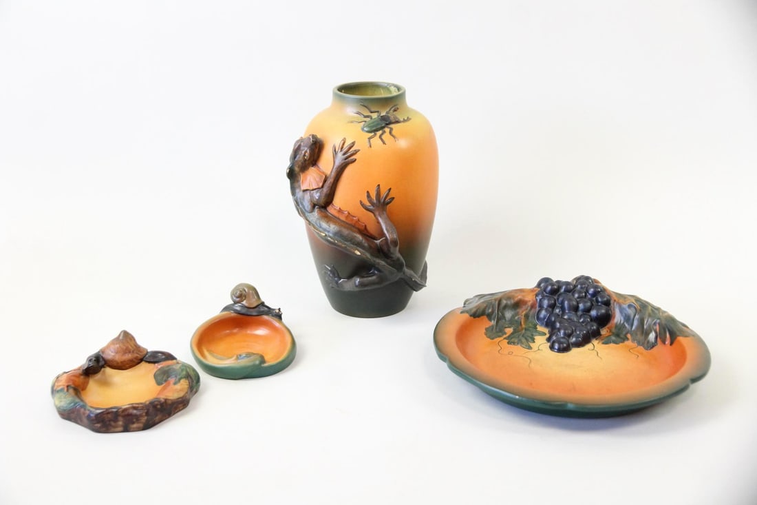 Lot of 4 P. Ipsens Enke Ceramic Vessels, Lizard Vase & Snail Ashtrays (1 of 16)