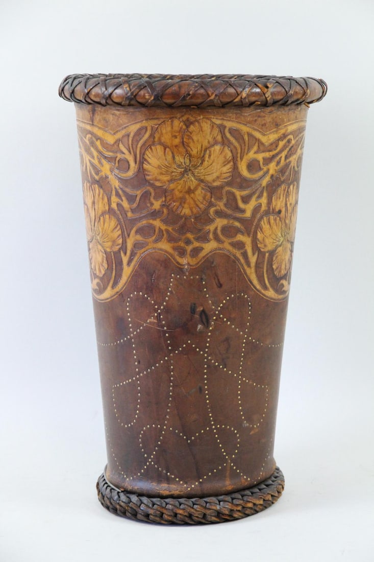 Ornate Floral Pattern Embossed Leather Umbrella, Cane Stand, Art Nouveau (1 of 14)