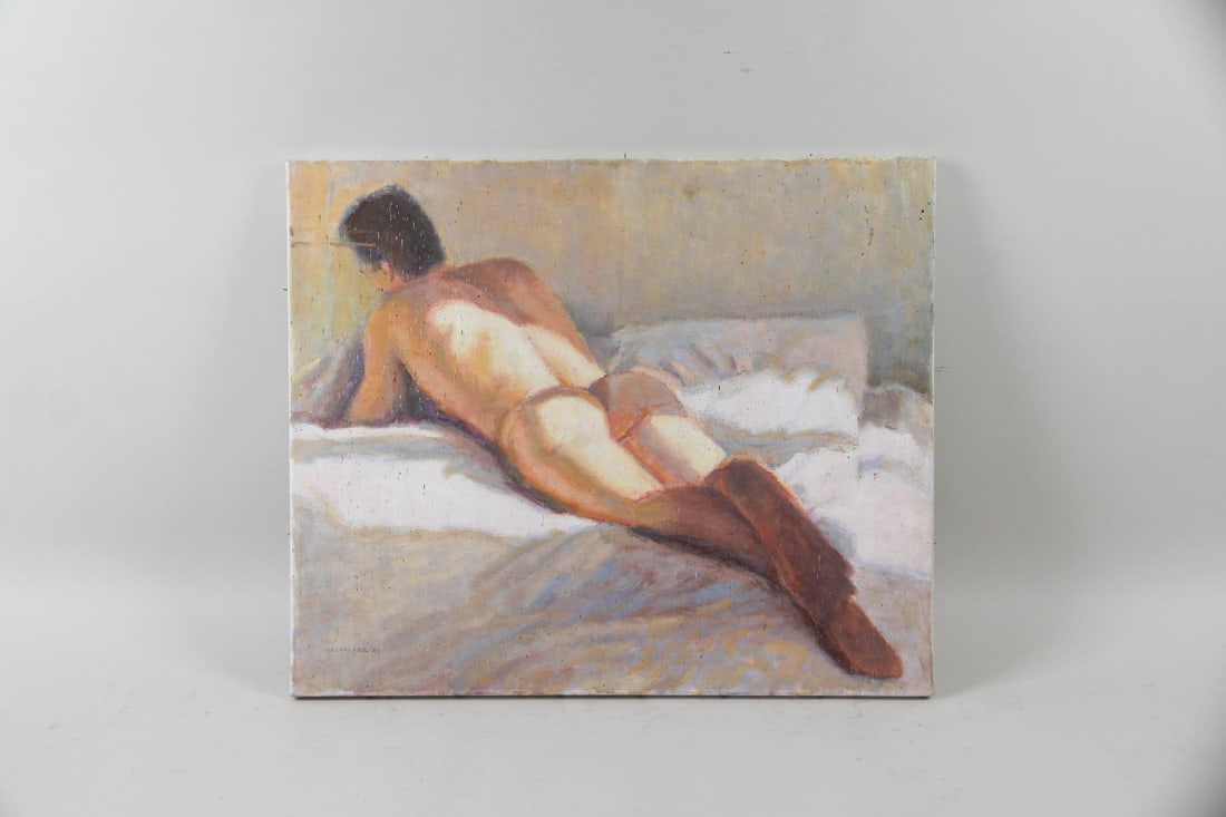 Impressionistic Painting, Male Nude in Natural Light: Impressionistic Painting, Male Nude in Natural Light. A painting on linen depicting a reclining nude male on a bed, with beautiful warm natural light. Illegible artist's signature to the bottom left.