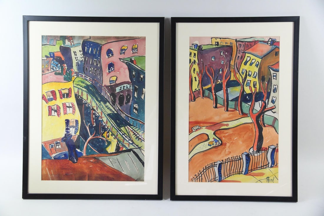 Pair of Carl Reed Cityscape Paintings, NYC, Pulp Comic Artist (1 of 12)