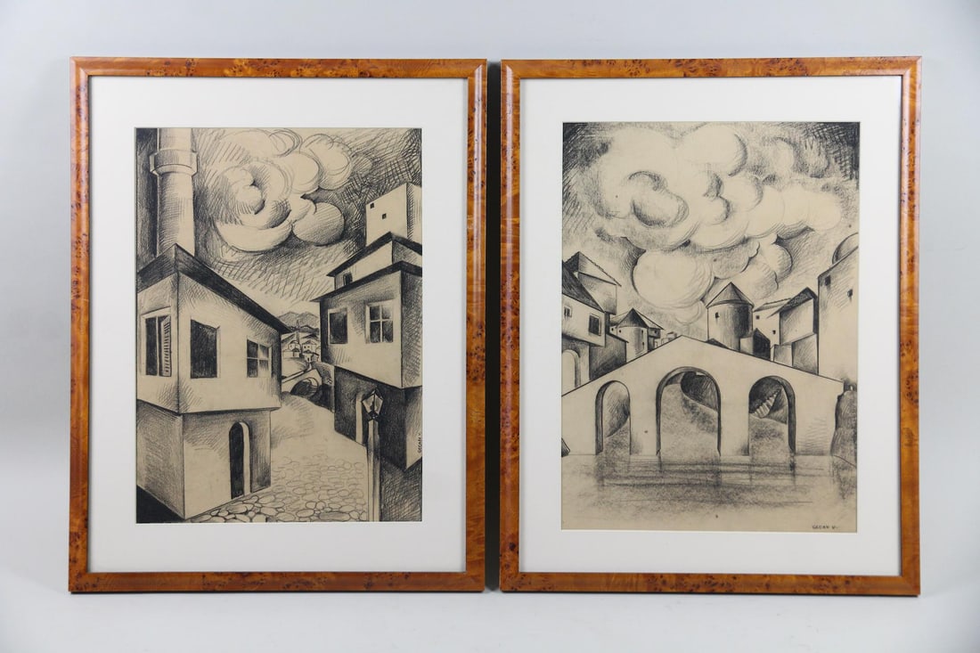 Pair of Vilko Gecan Cubist Townscape Charcoal Drawings: Pair of Vilko Gecan Cubist Expressionist Landscape Charcoal Drawings. Two charcoal drawings of village settings in a cubist style, signed lower right by the artist Vilko Gecan (Croatian 1894 - 1973).