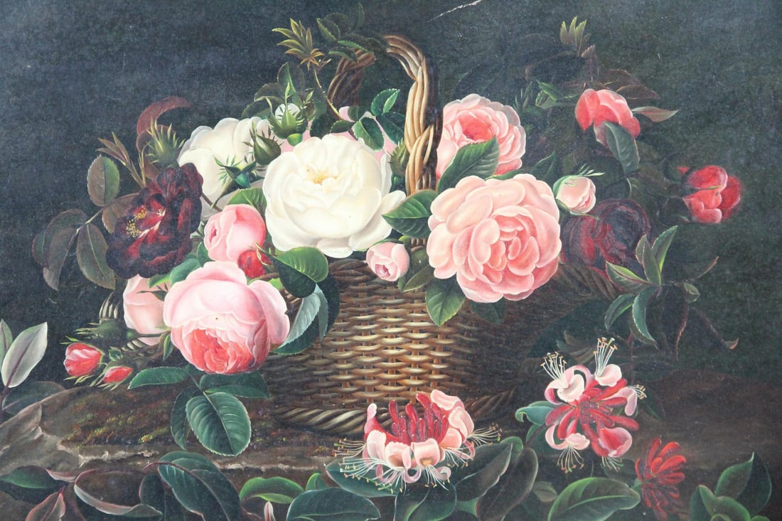 Danish Golden Age Flower Painting Roses & Honeysuckle, School of Johan Laurentz Jensen: Danish Golden Age Oil Flower Painting Roses and Honeysuckle, J.L. Jensen School. Highly detailed botanical painting on wood in the style of the master Johan Laurentz Jensen (Danish 1800-1856)