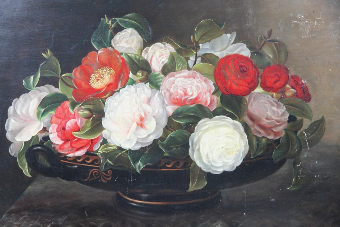 Danish Golden Age Flower Painting of Camellias, School of Johan Laurentz Jensen 1844: Danish Golden Age Flower Painting of Camellias, School of Johan Laurentz Jensen 1844. Highly detailed botanical painting on wood in the style of the master Johan Laurentz Jensen (Danish 1800-1856)