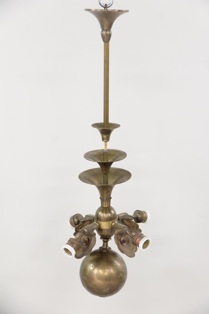 Machine Age Brass Orb Hanging Lamp, Star Motif: Machine Age Brass Orb Hanging Lamp, Star Motif. This four-light hanging lamp features a stacked conical design that tapers down to a central orb with small stars in relief. Dimensions are 31 in h x
