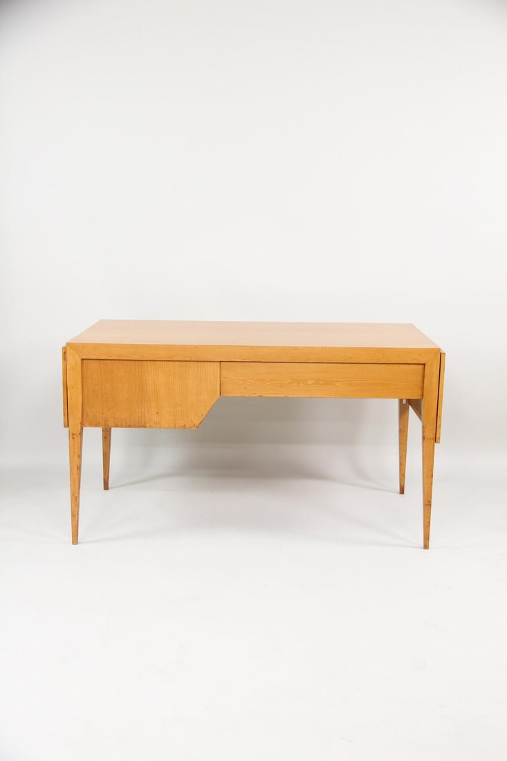 Italian Chestnut Extendable Desk with Drop Down Cabinet: Mid-Century Modern Italian Chestnut Extendable Desk with Drop Down Cabinet. Desk with minimalist design in bright chestnut with one drawer and drop down cabinet accessed from the side. Nicely balanced