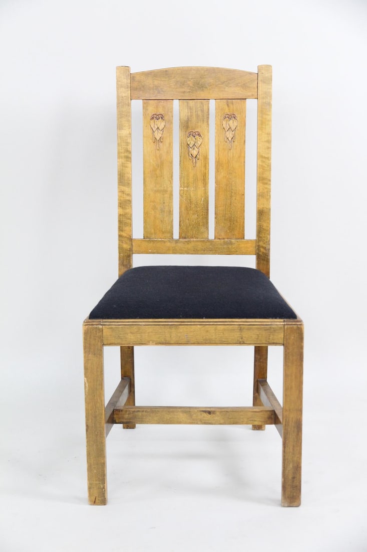 Carl Westman Art Nouveau Chair with Carved Details: Carl Westman Art Nouveau Chair with Carved Details. Tall back chair made of birch with three distinct slats each displaying a hand-carved romantic leaf and vine motif. New upholstery. Stamped by