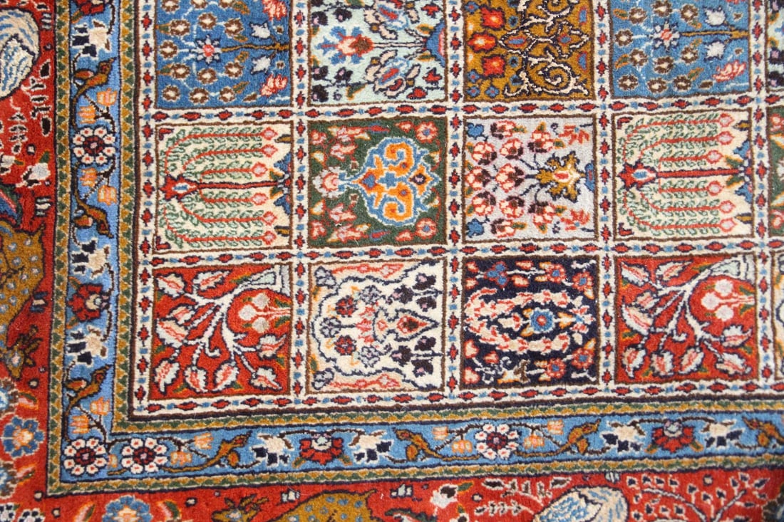 Persian Moud Rug, Garden & Animals, 6.5 x 10 Ft: Persian Moud Garden Compartment Rug, 6.5 x 10 Ft. A handwoven rug featuring a "Garden Compartment" design, with checkerboard squares featuring boteh and tree motifs, and border with animal motifs.