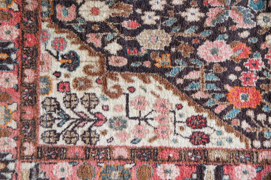 Botanical Persian Wool Rug, Pink & Ivory: Floral Persian Wool Rug, Pink & Ivory. A cheerful hand knotted rug featuring an ivory diamond medallion & corners, and intricate floral & botanical motifs in pink, brown, teal, & orange. Sturdy wool