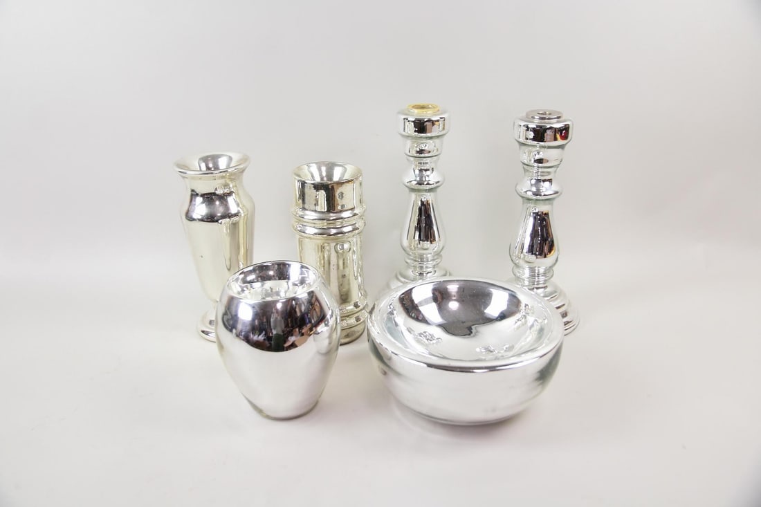Lot of 6 Silver Mercury Glass Vases, Candlesticks, Bowl (1 of 14)