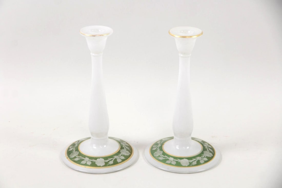 Pair of Milk Glass Candlesticks with Etched Roses (1 of 9)