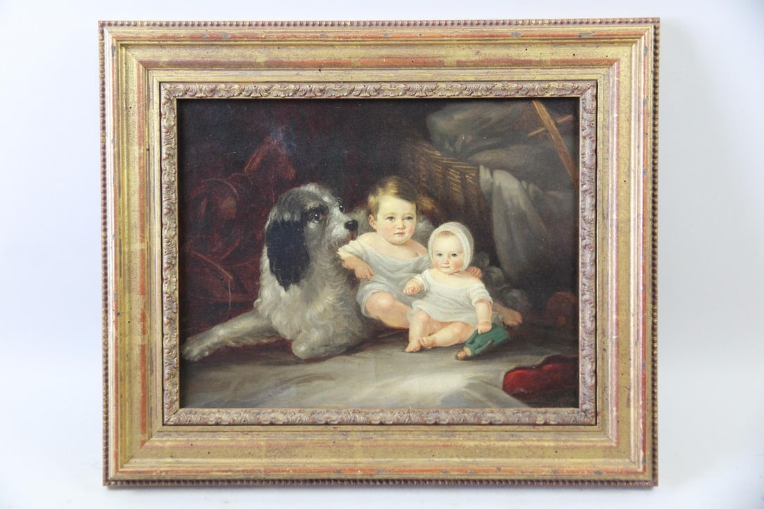 Antique 19th C. Painting of Children & Dog (1 of 10)