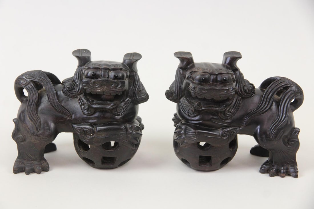 Pair of Chinese Carved Wood Foo Dogs (1 of 11)
