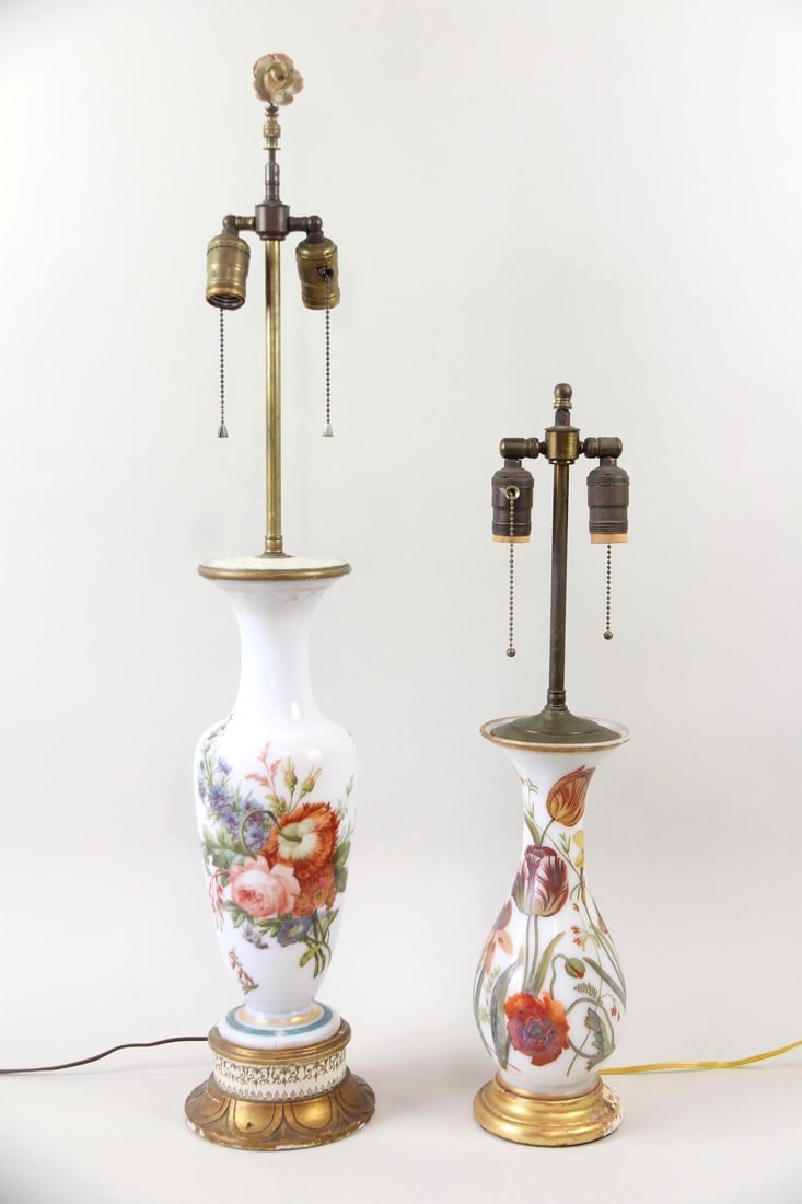 Pair of Mis-matched Painted Glass Floral Table Lamps (1 of 15)