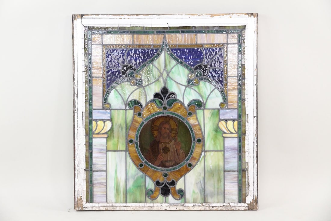 Antique 19th C. Stained Glass Window, Sacred Heart of Jesus (1 of 9)