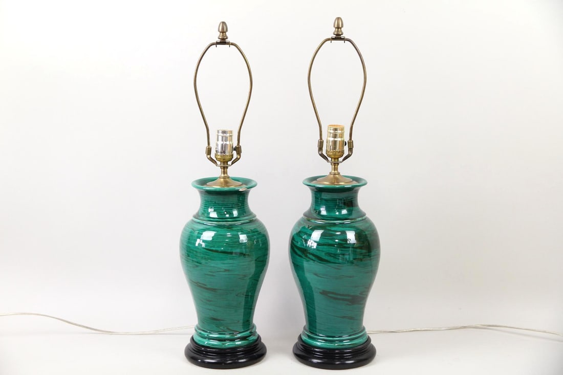 Pair of Faux Malachite Ceramic Urn Lamps, Frederick Cooper (1 of 10)