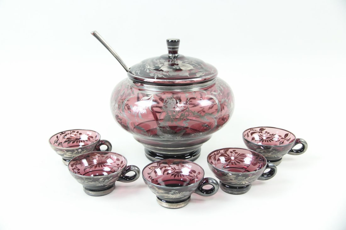 Amethyst Glass Punch Bowl and Cups Set with Sterling Overlay (1 of 15)