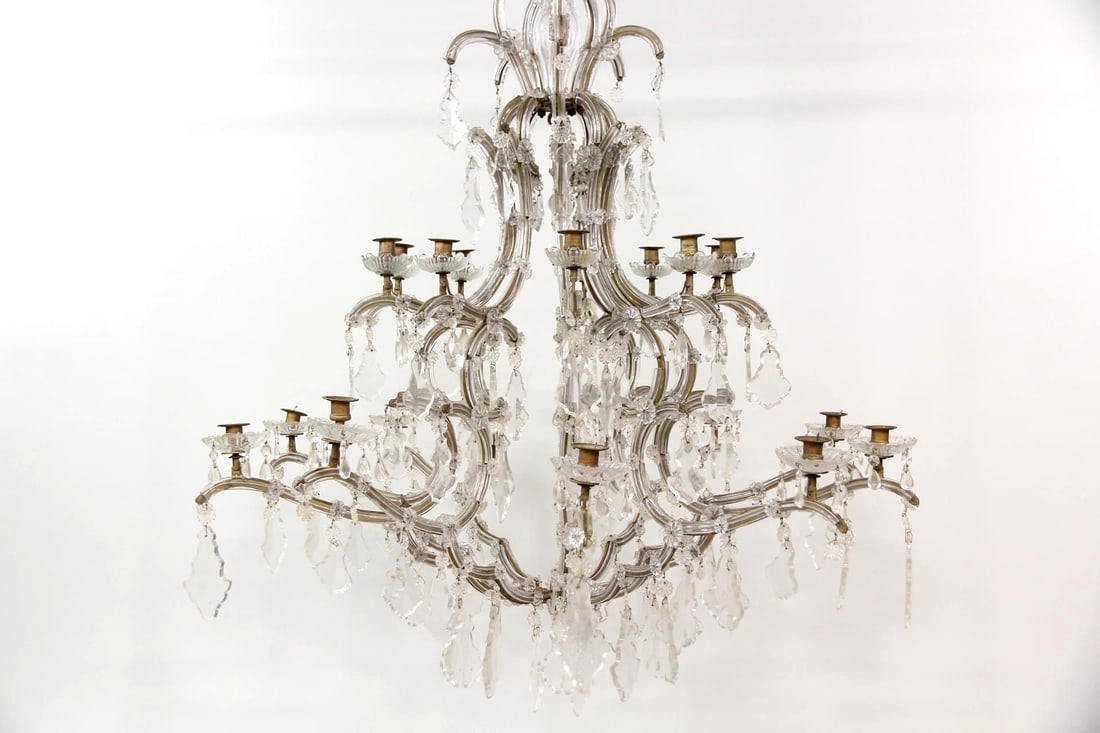 Monumental Maria Theresa Chandelier, Cut Glass Prisms: Monumental Maria Theresa Candelabra Chandelier, Cut Glass Crystal. A large and beautiful chandelier featuring a basket framework with teardrop shaped cut glass pendants. The cord can be used to