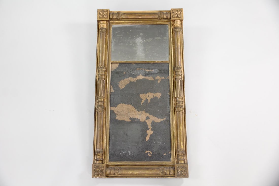 Federal Gold Gilt Two-Panel Mirror, Giltwood: 19th C. Federal Neoclassical Giltwood 2 Panel Mirror. Large two panel mirror in a neoclassical giltwood frame, with split baluster sides and rosettes at the corners. Dimensions are 51 in h x 27 in w