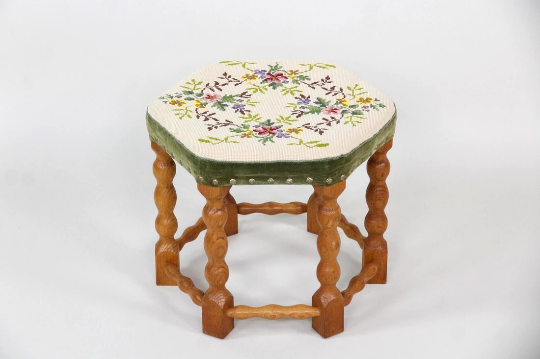 Turned Hexagon Wood Needlepoint Footstool, Spring Florals (1 of 8)