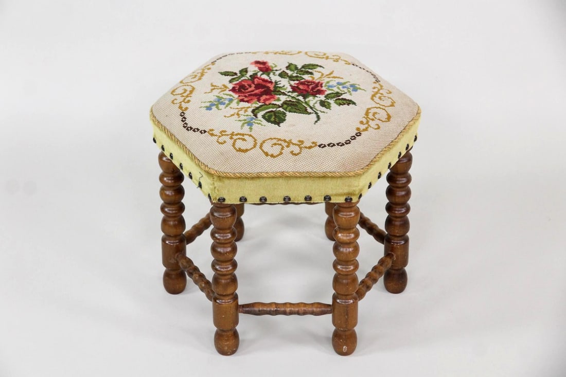 Turned Hexagon Wood Needlepoint Footstool, Red Roses (1 of 11)