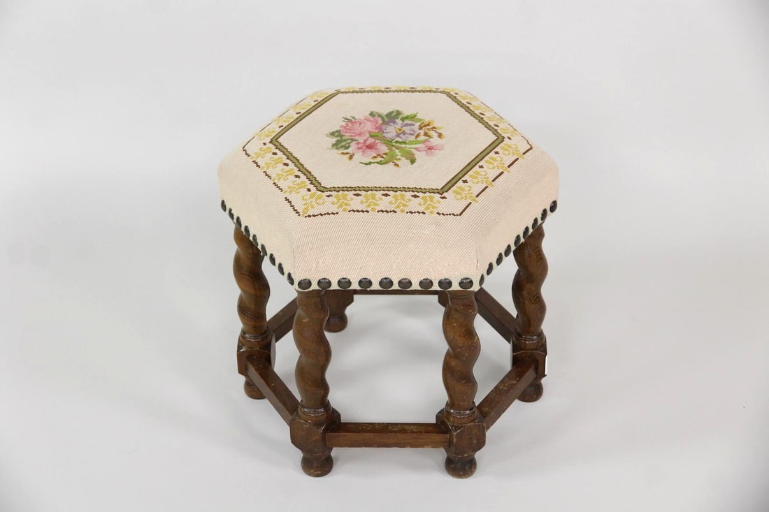 Turned Hexagon Wood Needlepoint Footstool, Pink Roses (1 of 12)