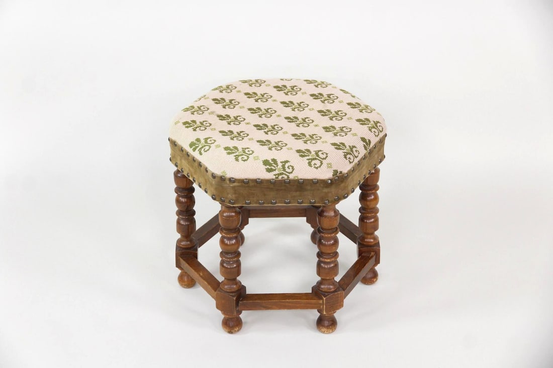 Turned Hexagon Wood Needlepoint Footstool, Green Leaves (1 of 10)