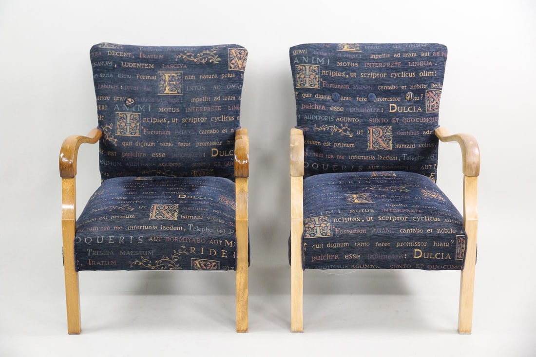 Pair of Danish Modern Armchairs, Latin Language Fabric (1 of 15)