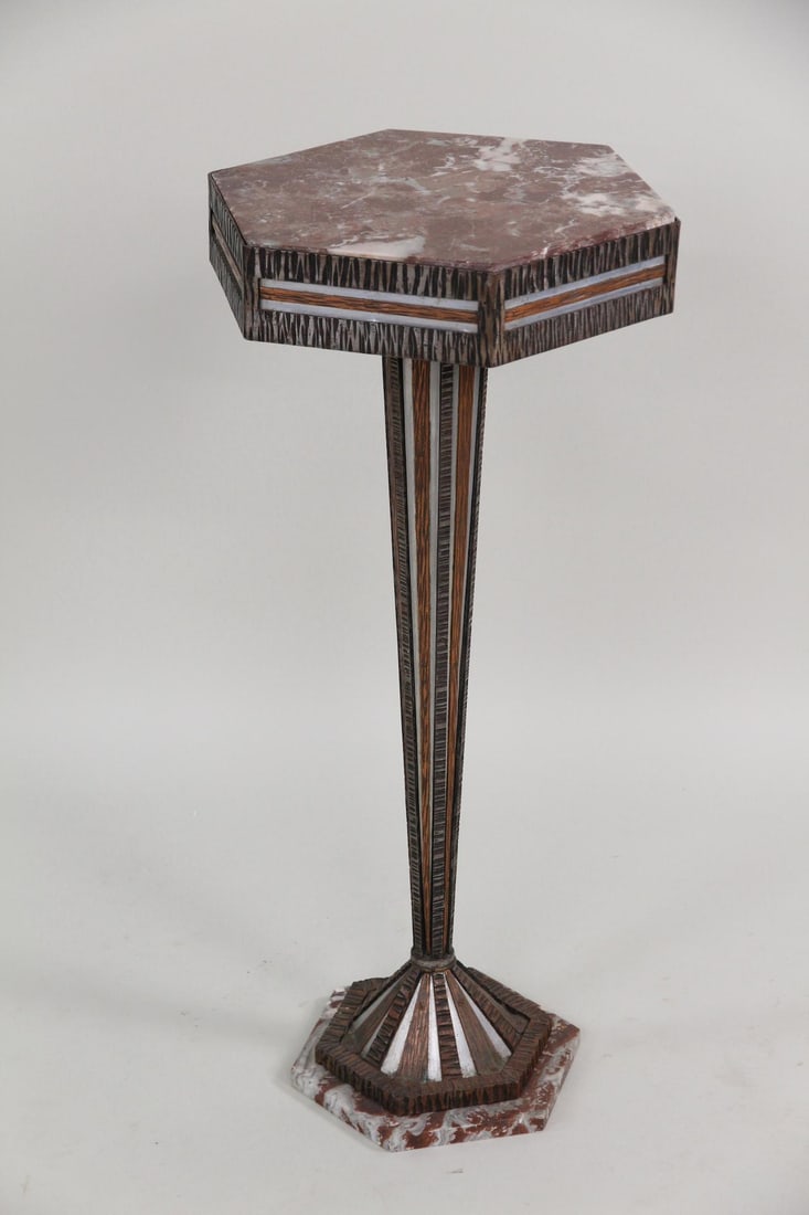 Art Deco Faux Bois Metal Gueridon Table with Marble Top (1 of 12)