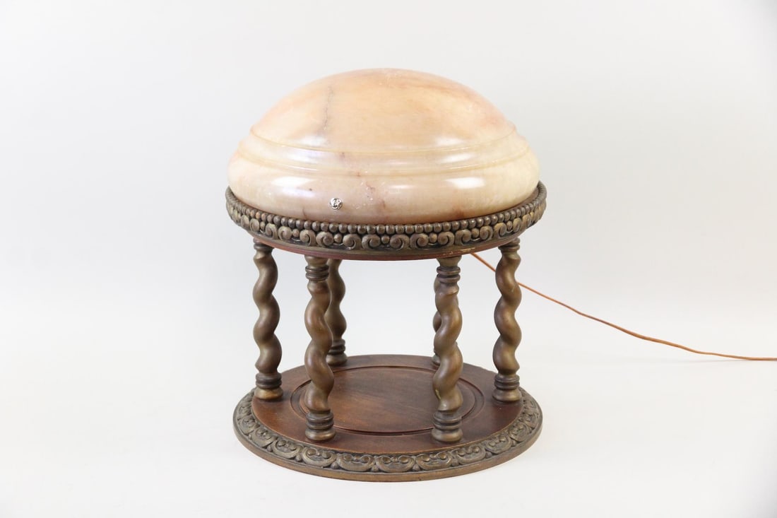 Neoclassical Wood Column Lamp with Domed Alabaster Shade (1 of 9)
