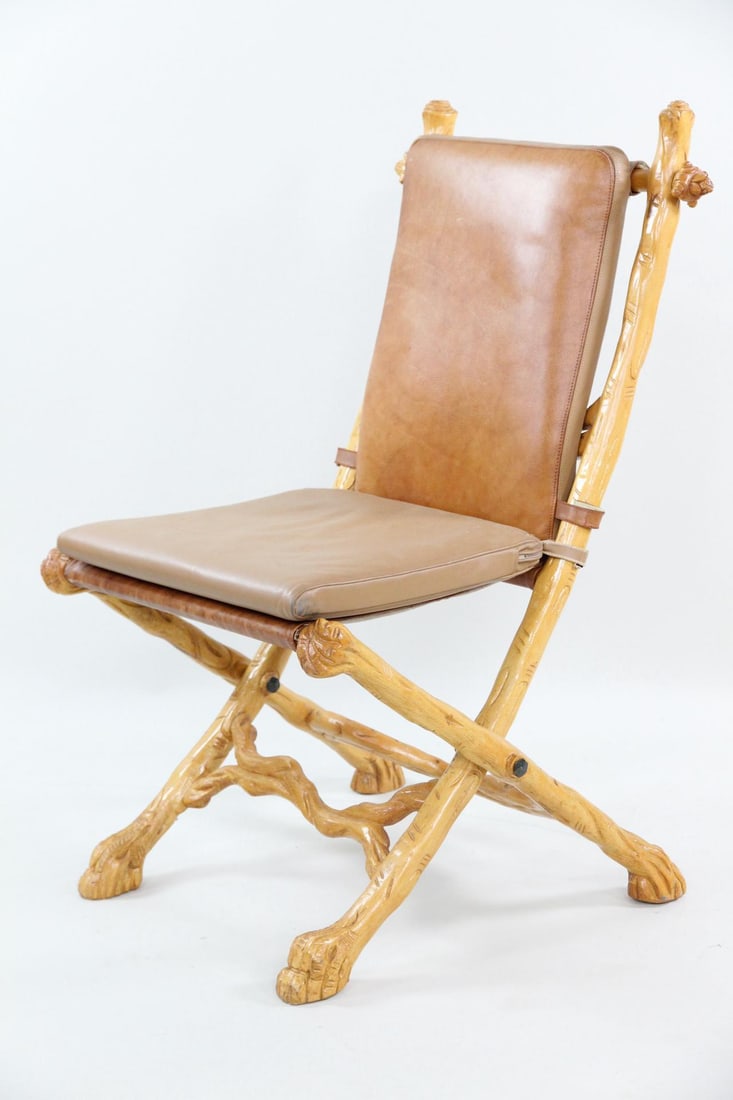 Artisan Carved Wood Faux Bois Folding Campaign Chair (1 of 14)