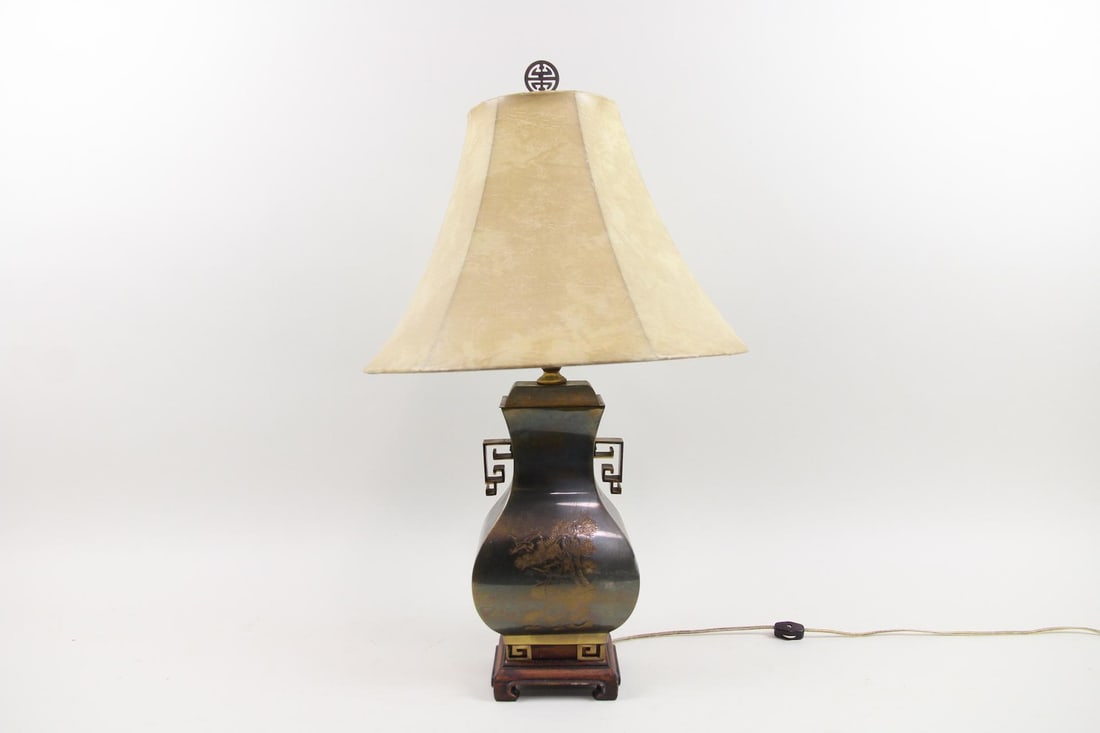 Brass & Wood Chinoiserie Table Lamp, Etched Cranes (1 of 10)