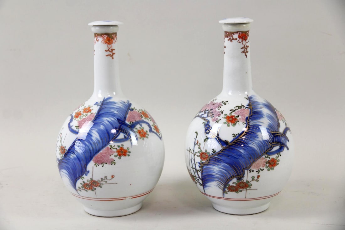 Pair of Asian Porcelain Bottle Vases, Florals & Birds (1 of 9)
