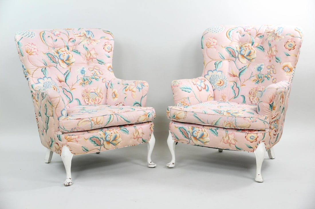 Pair of Pink Quilted Floral Upholstered Wingback Chairs (1 of 20)